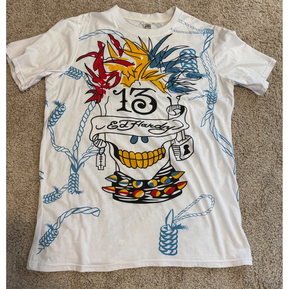 Ed Hardy Christian Audigier Skull 13 Graphic T-Shirt White XXXXL 4XL